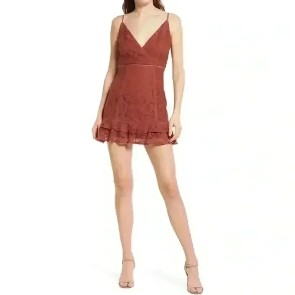 Lulus NWT Sweet Like Candy Brown Lace Ruffled Mini Dress Size XS Party Glam